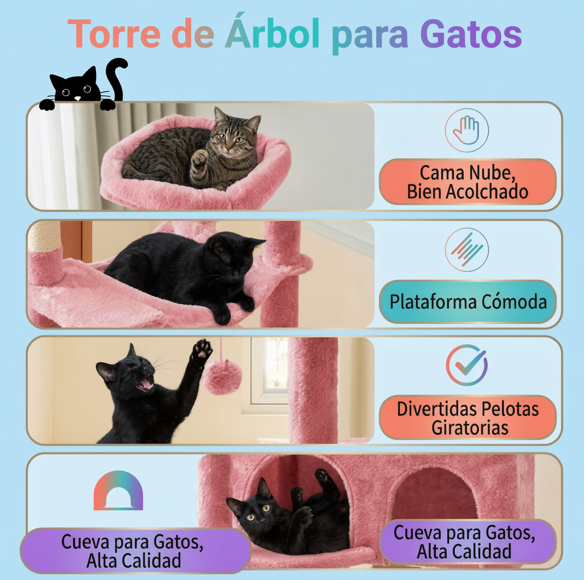 Torre rascador para gatos color rosa - vista general