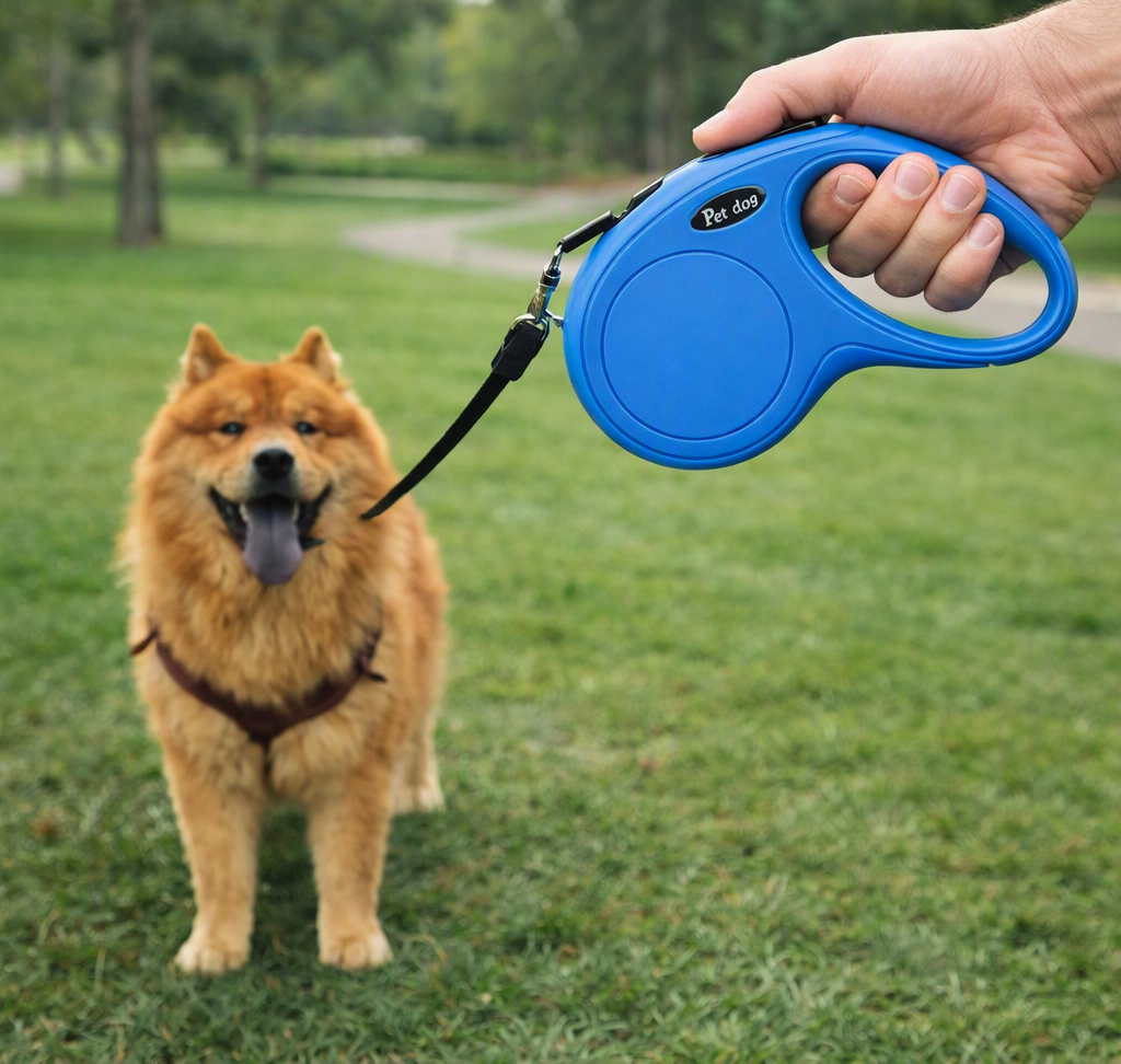 Correa retráctil azul en uso con perro en el parque