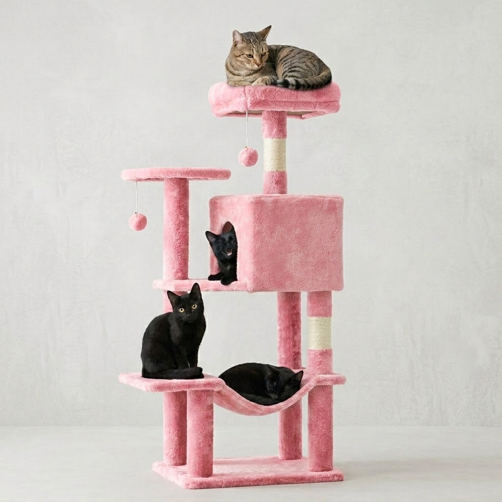 Torre rascador para gatos color rosa - foto de estudio con gatos