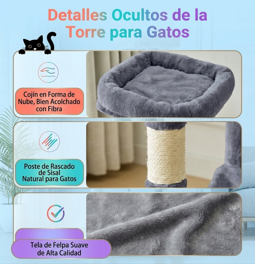 Detalles ocultos de la torre rascadora: cojín, poste de sisal natural y felpa suave
