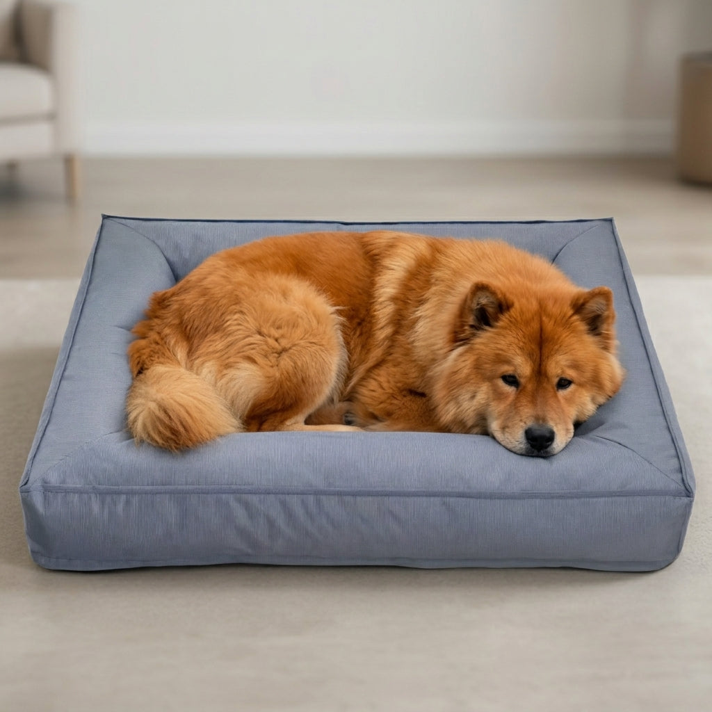 Mascota descansando en cama ortopédica color azul-grisáceo