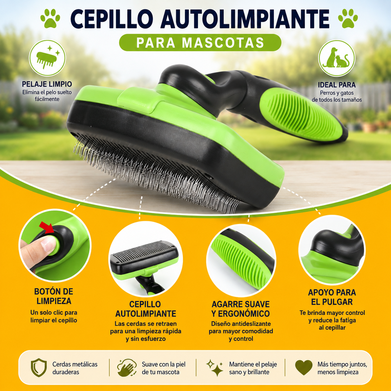 Cepillo autolimpiante - detalle de botón, agarre y apoyo para el pulgar