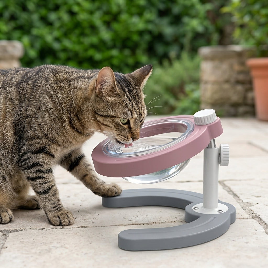 Gato bebiendo agua en el comedero elevado color rosa al aire libre