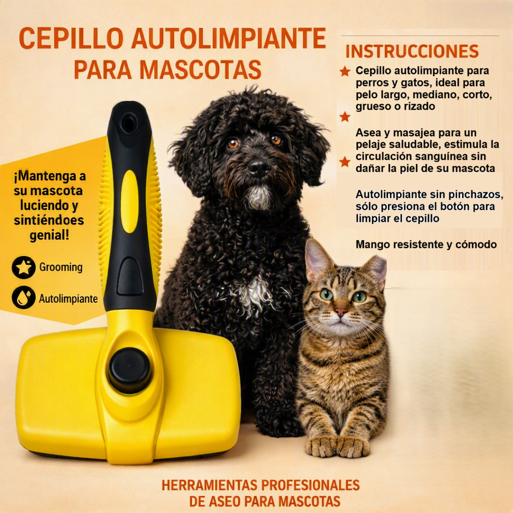 Instrucciones de uso del cepillo autolimpiante para mascotas