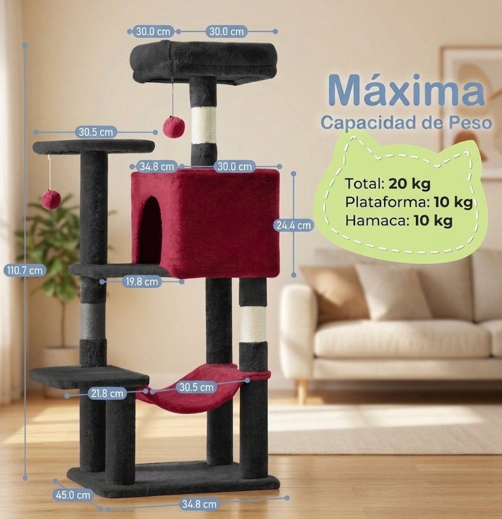 Torre rascador para gatos color rojo negro - dimensiones y capacidad de peso
