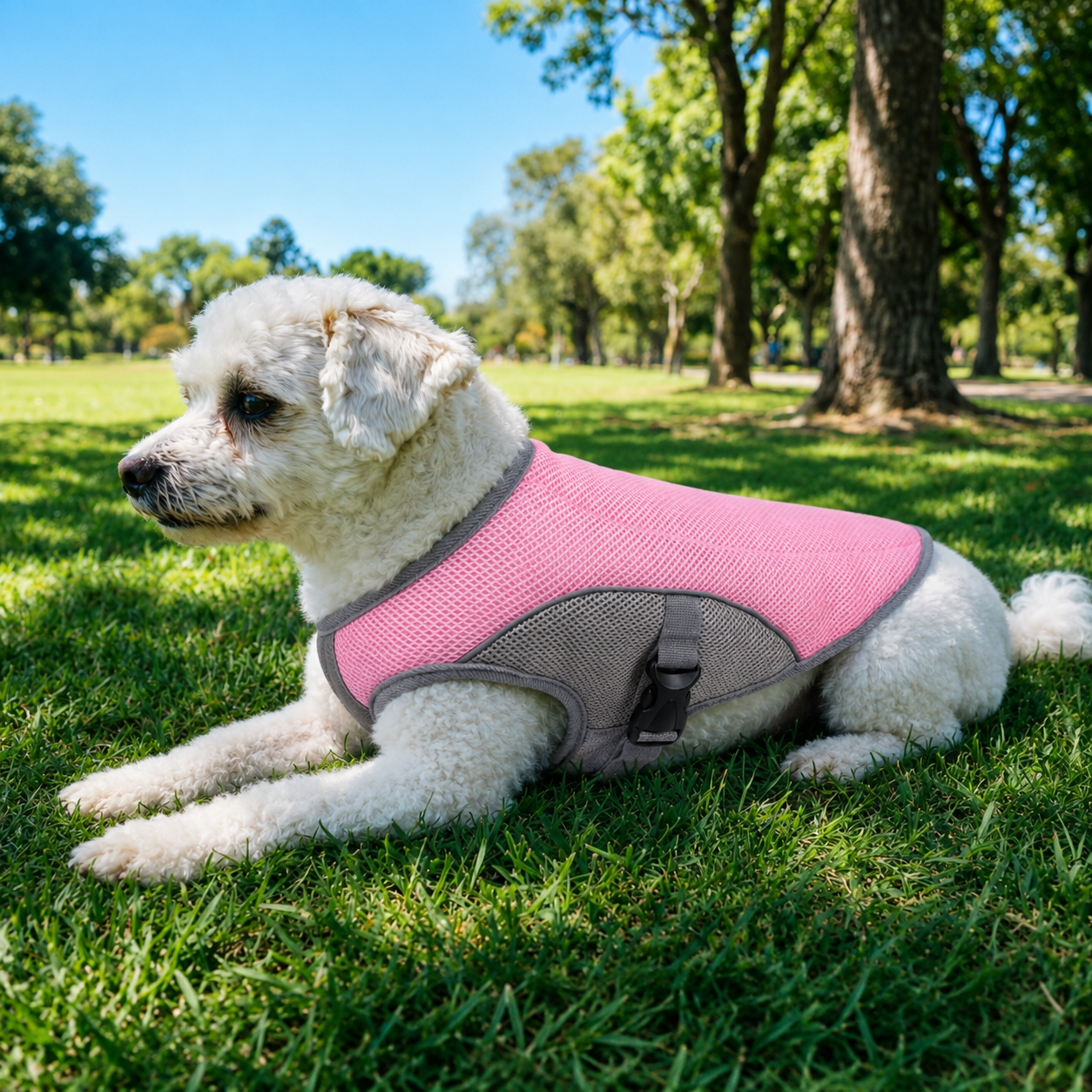 Perro usando chaleco refrescante color rosa en el pasto