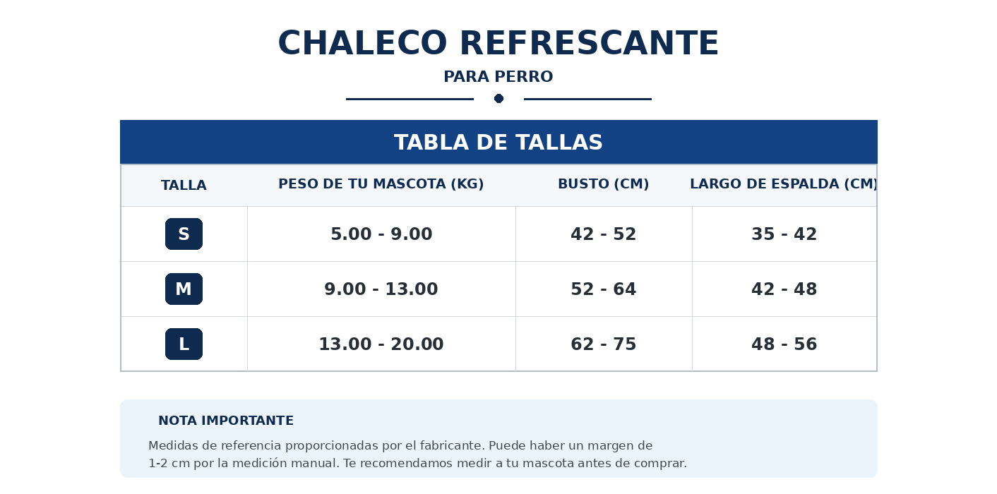 Tabla de tallas del chaleco refrescante - peso, busto y largo de espalda por talla